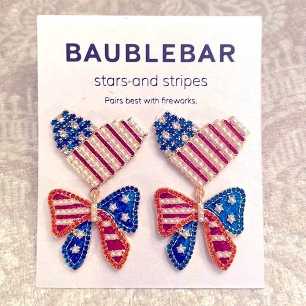 Brand New BaubleBar Patriotic American Flag 4th of July Heart Bow Drop Earrings
